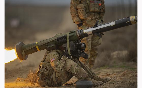 A U.S. soldier fires a Javelin anti-tank missile on the Orchard Combat Training Center ranges in Idaho on March 27, 2022.