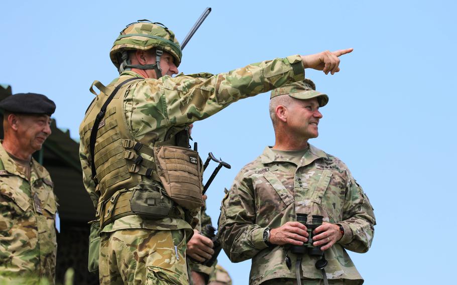 U.S. Army Lt. Gen. Christopher Cavoli, right, commander of U.S. Army forces in Europe, in Hungary in 2019 during joint U.S.-Hungary training exercises. 