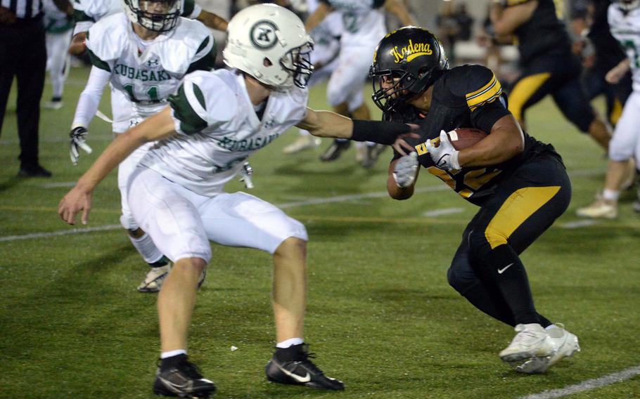 Kadena running back Jeremiah Drummer rushed 32 times for 227 yards and four touchdowns in the Panthers’ 35-20 Far East Division I triumph over Kubasaki.