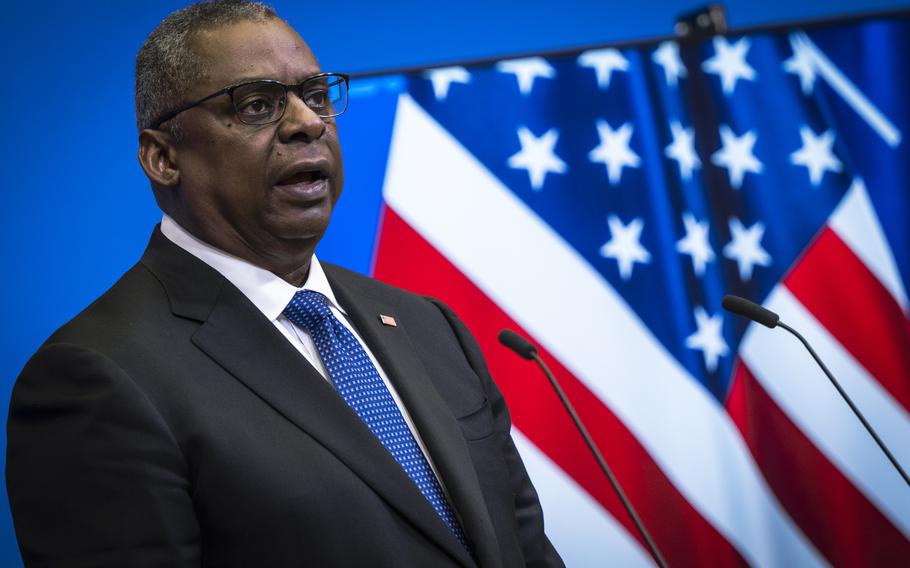 Defense Secretary Lloyd Austin answers questions during a news conference at the NATO Defense Ministerial in Brussels, Belgium, on June 16, 2022. Austin met with defense leaders to discuss common funding and credible defense and deterrence of the alliance ahead of the 2022 NATO Madrid Summit at the end of the month. 