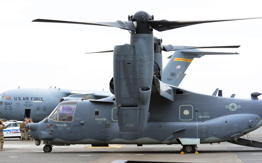 A CV-22B Osprey arrives at Yokota Air Base, Japan, April 5, 2018.