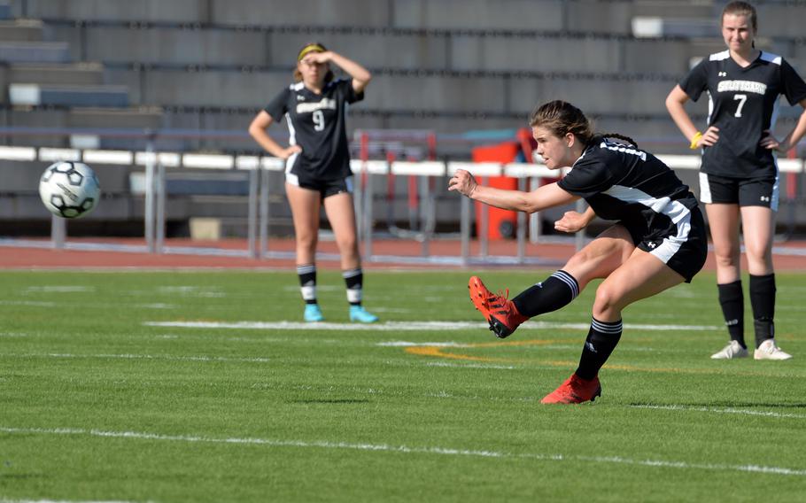 Stuttgart’s Bella Henderson takes a free kick in a Division I girls semifinal at the DODEA-Europe soccer championships in Kaiserslautern, Germany, Wednesday, May 18, 2022. Henderson scored two goals in the Panthers’ 4-2 win and will face Ramstein in the championship game.