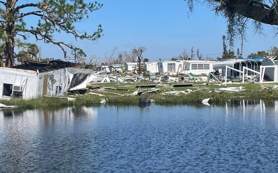 Trailers sit destroyed in the aftermath of Hurricane Ian in Englewood, Fla.