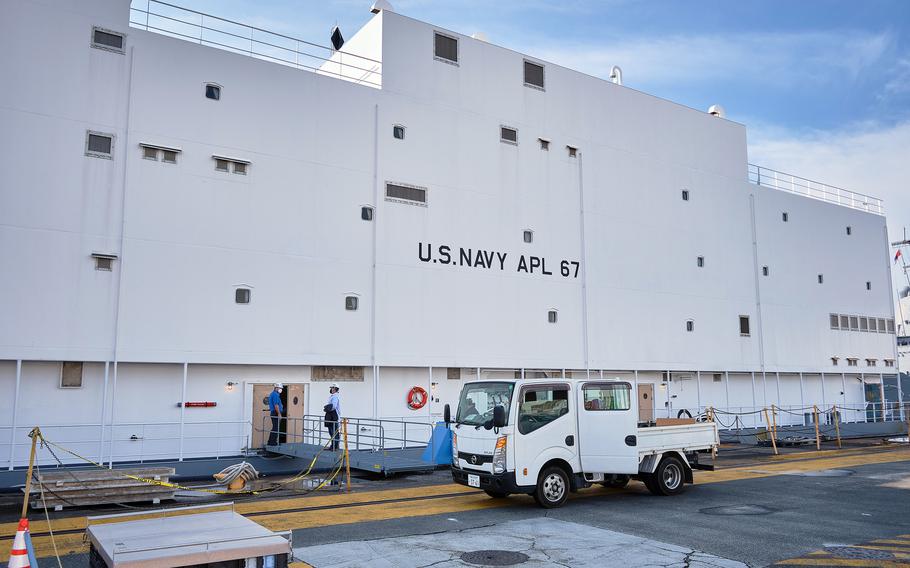 Auxiliary Personnel Lighter 67, a berthing barge that arrived recently at Yokosuka Naval Base, Japan, is meant to provide housing for sailors whose ships are dry-docked or otherwise unavailable.