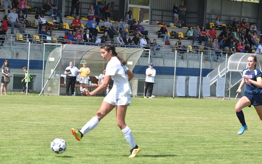 Sigonella's Ryleigh Denton shoots - and scores - against the Aviano Saints in Aviano, Italy, on Saturday, April 30, 2022.