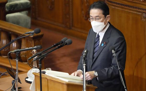 Japanese Prime Minister Fumio Kishida delivers his policy speech at the lower house Monday, Jan. 17, 2022, in Tokyo. Kishida on Monday said fighting the pandemic was a “top priority” in his speech opening this year's parliamentary session, as the Tokyo region was hit by surging infections.