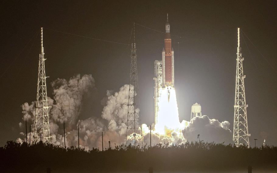 Artemis I, NASA's Space Launch System (SLS) rocket with the unmanned Orion spacecraft aboard, blasts off from Launch Pad 39B at Kennedy Space Center on Nov. 16, 2022.