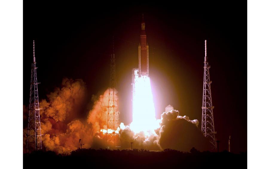 NASA’s Artemis 1 lifts off from launch pad 39-B at Kennedy Space Center, Fla., carrying the Orion spacecraft on a mission to orbit the moon, early Wednesday, Nov. 16, 2022. 