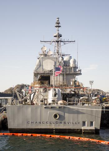 The USS Chancellorsville, seen here at Yokosuka Naval Base, Japan, Tuesday, Feb. 28, 2023, will be renamed later this year. 