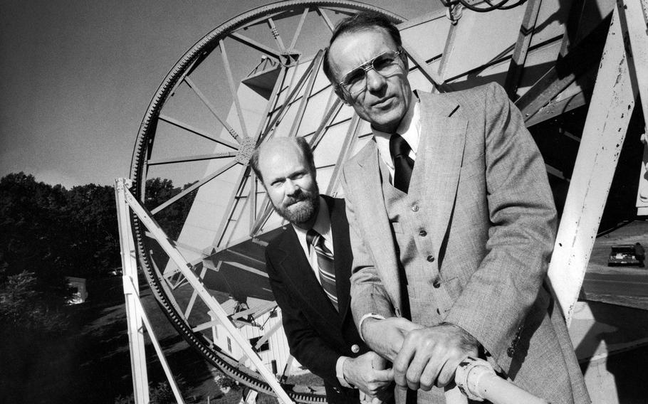 Arno Penzias, right, along with fellow Nobel Laureate Robert Wilson, left, discovered cosmic microwave background radiation, an ancient afterglow from the Big Bang.