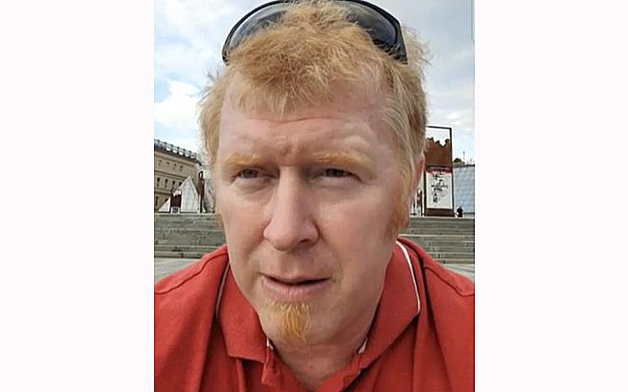 A screen grab from an Aug. 30, 2022, video posting, shows retired Army Green Beret Nick Maimer answering questions during an interview done over his phone while he sits in a square in Kyiv, Ukraine.