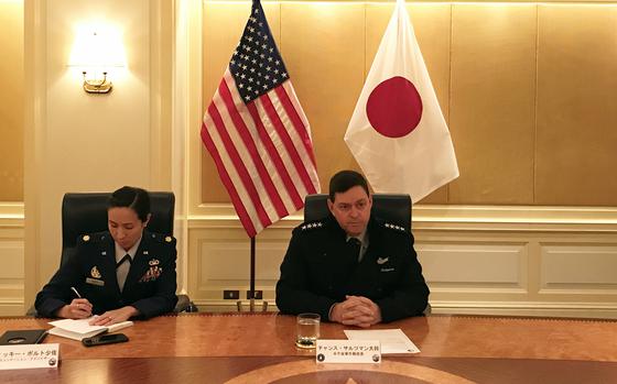 Space Force Gen. Chance Saltzman, chief of space operations, speaks to reporters at the New Sanno Hotel in Tokyo, Monday, Sept. 25, 2023. 
