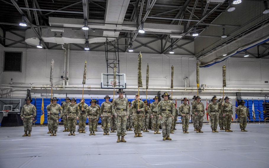 Members of 3rd Cavalry Regiment take part in an authority transfer ceremony at Hanson Field House on Camp Casey, South Korea, Feb. 29, 2024.