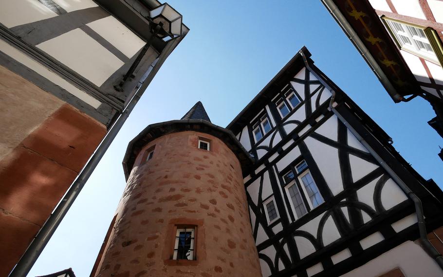 A view looking up at the half-timbered and stone buildings in Buedingen, Germany’s old town quarter. The charming town, east of Frankfurt, was once home to the U.S. Army.