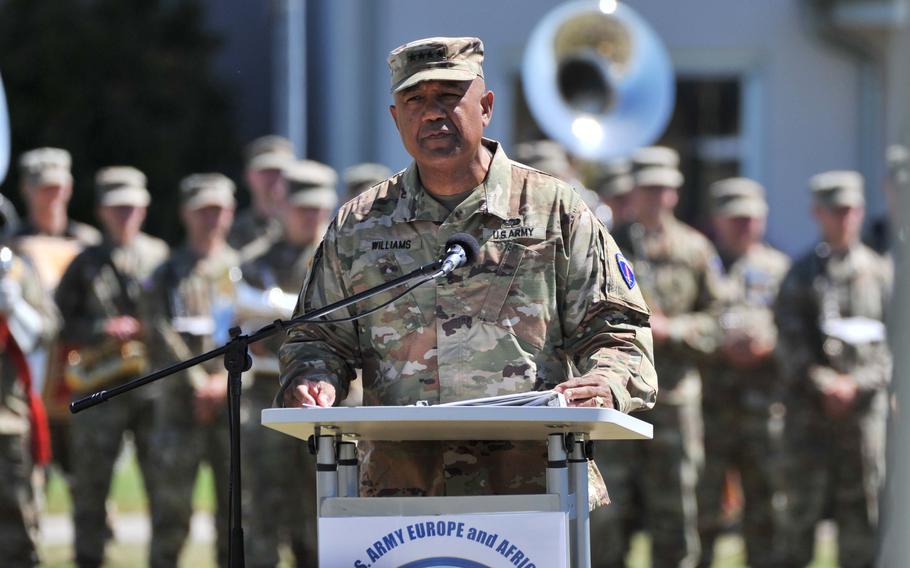 New commander of U.S. Army Europe and Africa Gen. Darryl Williams speaks at the change of command ceremony June 28, 2022, in Wiesbaden, Germany. Williams has extensive European experience, and he returns with the Continent facing its largest military conflict since World War II.