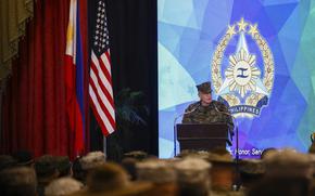 U.S. Marine Corps Lieutenant General William Jurney, U.S. Exercise Director speaks during the opening ceremonies of the "Balikatan" or Shoulder-to-Shoulder at Camp Aguinaldo military headquarters in Quezon City, Philippines on April 22, 2024.