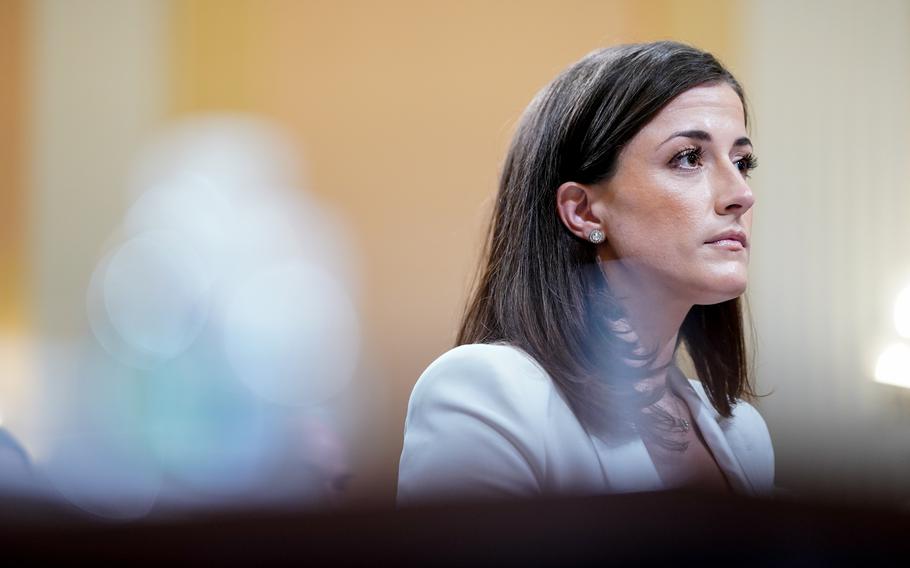 Cassidy Hutchinson, a top aide to Mark Meadows when he was White House chief of staff in the Trump administration, is seen as the House Jan. 6 select committee holds a public hearing on Capitol Hill on Tuesday.