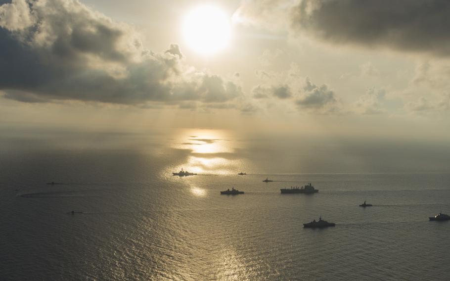 Ships and submarines from the Republic of Singapore Navy and U.S. Navy in formation in the South China Sea during the underway phase of Cooperation Afloat Readiness and Training Singapore 2015. CARAT is an annual, bilateral exercise series with the U.S. Navy, U.S. Marine Corps and the armed forces of nine partner nations. 
