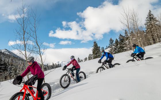 Fat-bike riders along the Cache Creek trail in Wyoming's Bridger-Teton National Forest. The bikes have extra-wide tires that make it possible to ride in the snow. 