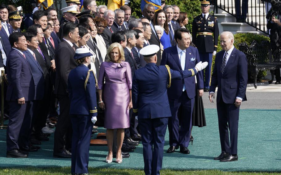 U.S. President Joe Biden greets South Korean President Yoon Suk Yeol for the Official Arrival Ceremony on the South Lawn of the White House in Washington, D.C. on Wednesday, April 26, 2023. 