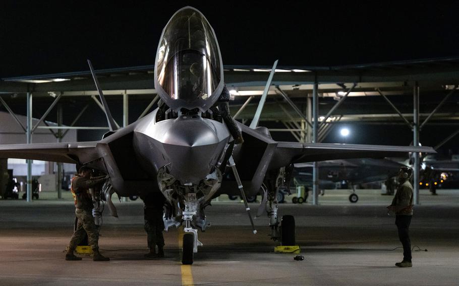 Airmen from the 388th Fighter Wing prepare an F-35A Lightning II for flight from Hill Air Force Base, Utah, Feb. 14, 2022. F-35s from the active duty 388th and Reserve 419th Fighter Wings deployed to Spangdahlem Air Base, Germany, arriving Feb. 16. 