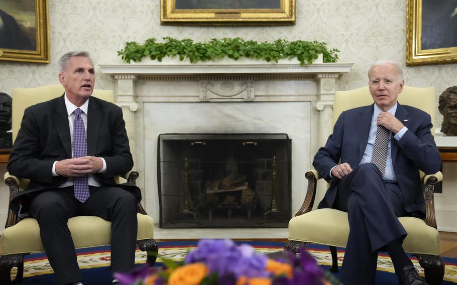 House Speaker Kevin McCarthy of Calif., speaks as he meets with President Joe Biden to discuss the debt limit in the Oval Office of the White House, Monday, May 22, 2023, in Washington.
