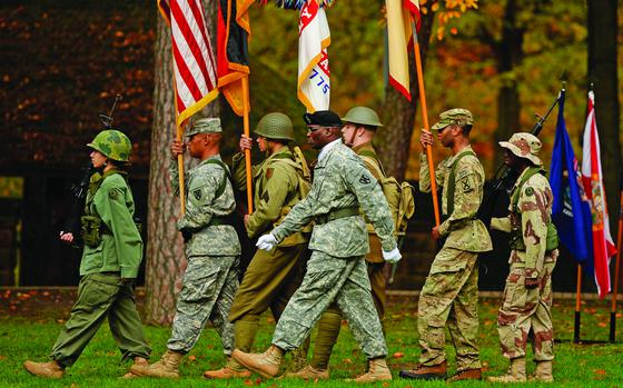 Kaiserslautern, Germany, Nov. 7, 2013: The 21st Theater Sustainment Command color guard marches off the Panzer Kaserne parade field for a Veterans Day Observance. 

META TAGS: U.S. Army; Veterans Day; 