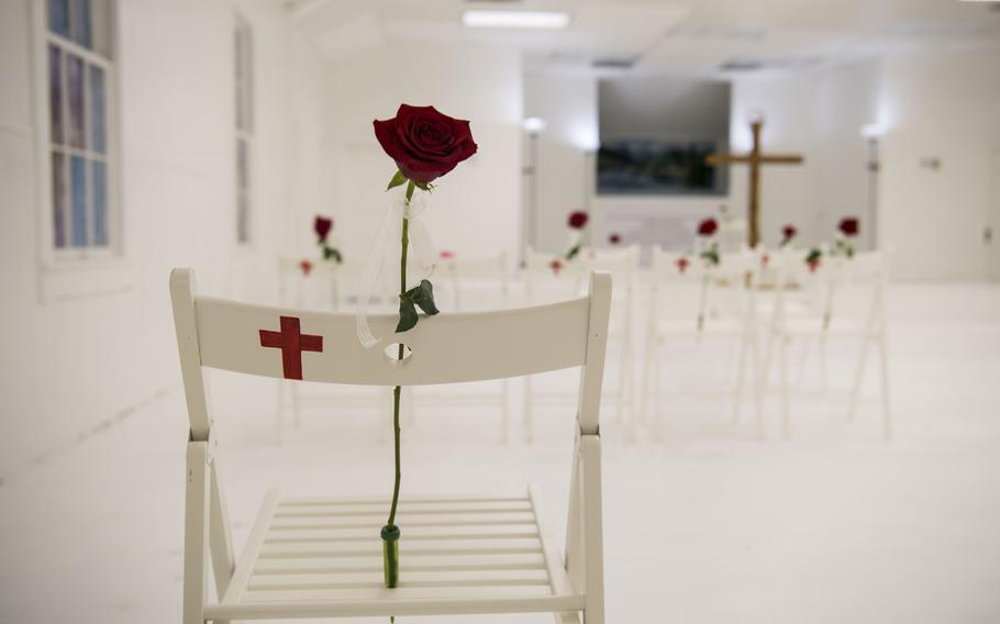 A memorial stands in the First Baptist Church of Sutherland Springs in Texas on Nov. 12, 2017, one week after 26 people were killed inside. 