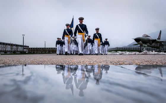 U.S. Air Force Academy cadets march on the Terrazzo on their way to Stillman Field during the graduation parade for the class of 2022 on May 24, 2022, in Colorado Springs, Colo. 