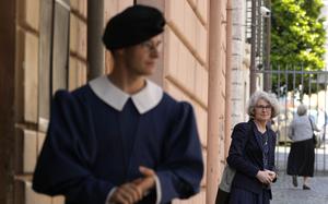 Sister Nathalie Becquart, right, poses for a photo as she enters Vatican City, Monday, May 29, 2023. In 2021 Pope Francis appointed Becquart as undersecretary of the Synod of bishops' Organizing Secretariat, a job which by its office entitled her to a vote but which had previously only been held by a man.  In the upcoming synod starting Oct. 4, all participants will be seated together at hierarchically neutral round tables to facilitate discussion.