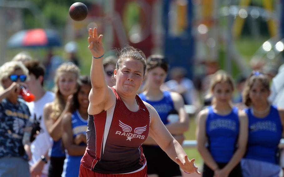 Kaiserslautern’s Sage Barnes won the girls shot put event on the first day of the DODEA-Europe track and field championships in Kaiserslautern, Germany, with a toss of 31 feet, 7.5 inches.