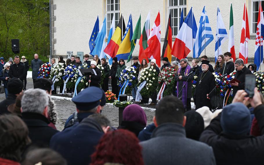 Clergy members lead prayers April 21, 2024, during a ceremony commemorating the 79th anniversary of the liberation of the Flossenbürg concentration camp in Germany.