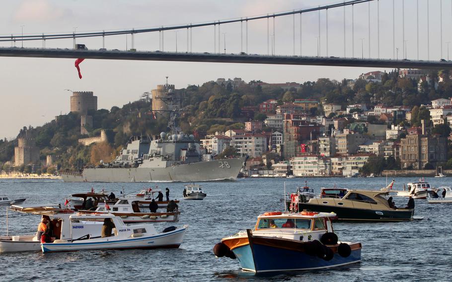 The USS Porter sails by Istanbul, Oct. 30, 2021. The destroyer is on a routine patrol in the Black Sea after finishing participation in NATO exercises in the Aegean Sea, Navy officials said.