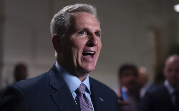 Speaker of the House Kevin McCarthy, R-Calif., talks to reporters after a closed-door meeting with Rep. Matt Gaetz, R-Fla., and other House Republicans after Gaetz filed a motion to oust McCarthy from his leadership role, at the Capitol in Washington, Tuesday, Oct. 3, 2023. (AP Photo/J. Scott Applewhite)