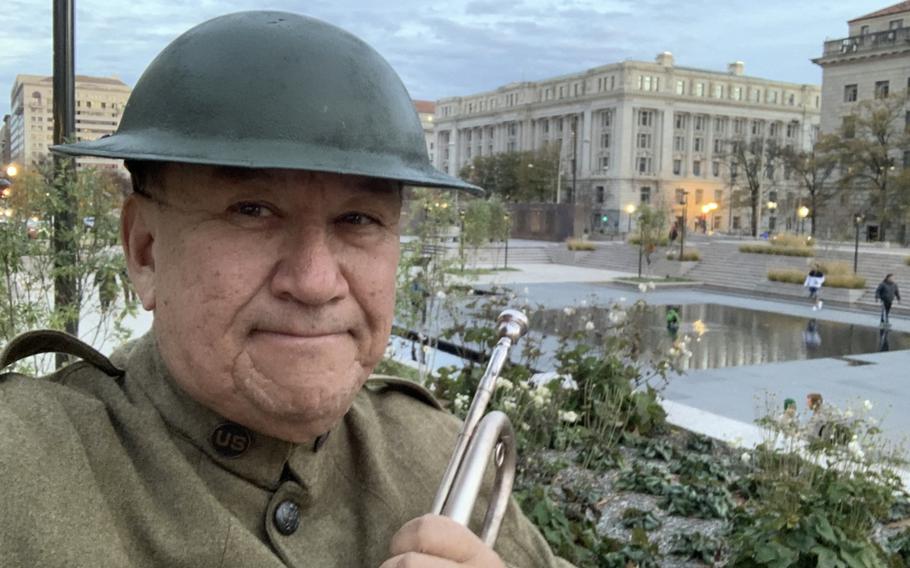 Jari Villanueva, an Air Force veteran and bugler, is director of the Doughboy Foundation, a nonprofit that will recognize the 1,000th sounding of taps at the World War I Memorial in Washington, D.C., on Presidents Day. Buglers dress in replica uniforms at the daily taps call.