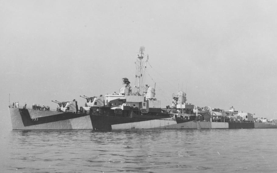 The USS Mannert L. Abele steams in the Atlantic Ocean less than a month after it was commissioned at Boston Navy Yard on Aug. 1, 1944.  