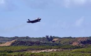 An F-35B Lightning II with Marine Fighter Attack Squadron 121 takes off from Tinian in the Northern Mariana Islands, Jan. 30, 2025.