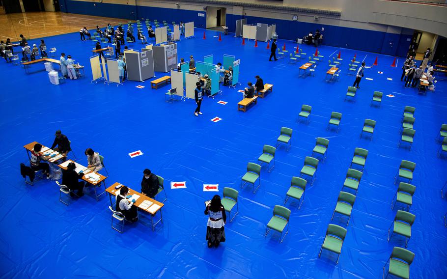 The city of Iwakuni, Japan, holds a vaccination clinic at Atago Sports Complex, which is shared with nearby Marine Corps Air Station Iwakuni, Thursday, May 20, 2021. 