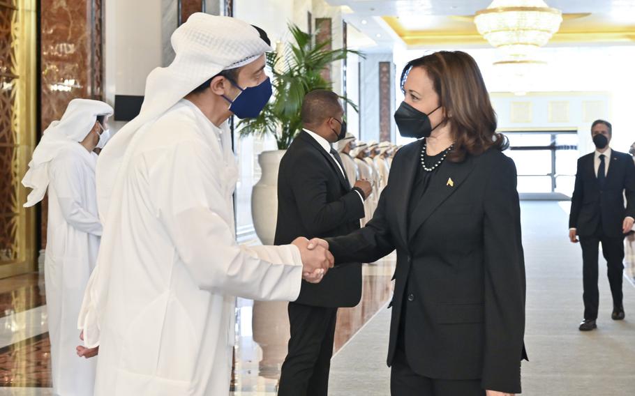 U.S. Vice President Kamala Harris, right, shakes hands with Sheikh Abdullah bin Zayed Al Nahyan, UAE minister of foreign affairs and international cooperation, as she offers her condolences on the passing of Sheikh Khalifa bin Zayed Al Nahyan, late president of the UAE, in Abu Dhabi, UAE, Monday, May 16, 2022. 