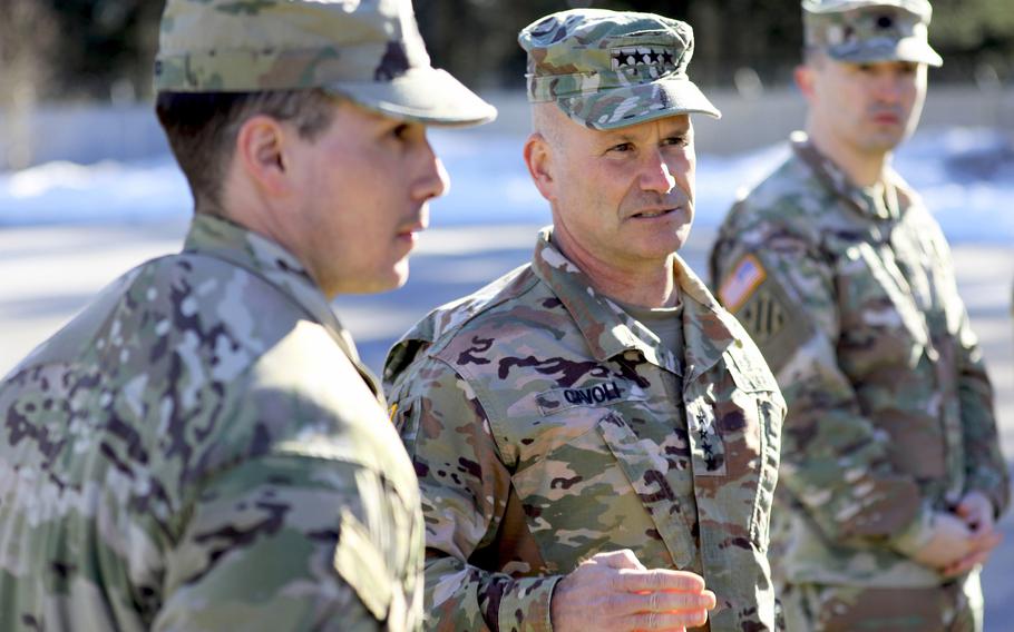 U.S. Army Gen. Christopher Cavoli talks to troops in March 2022, in Adazi, Latvia. Cavoli, NATO’s supreme allied commander and head of U.S. European Command, announced recently that NATO’s military headquarters will unveil a series of upgrades that will speed up how troops are mobilized in a crisis. 