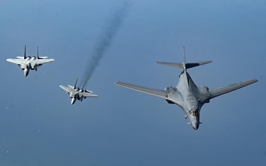 Israeli air force F-15 Strike Eagles move into formation with a U.S. Air Force B-1B Lancer over the Mediterranean coast as part of a patrol above the U.S. Central Command’s area of responsibility, Oct. 30, 2021. 