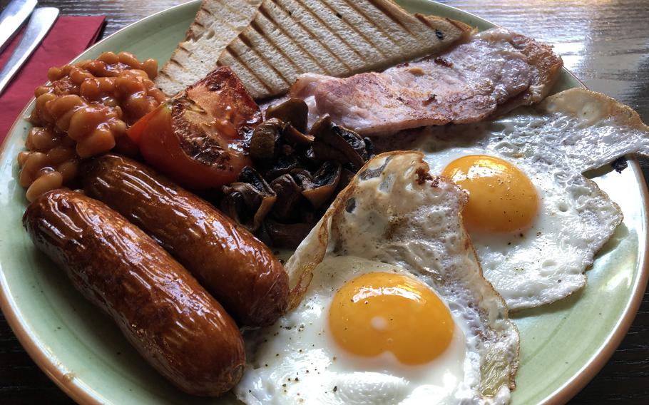 A traditional Irish breakfast at Waxy’s Irish Pub in Frankfurt, Germany. It is served on weekends from noon to 5 p.m. and includes two eggs, two Irish sausages, bacon, baked beans, sautéed mushrooms, grilled tomato and toast.