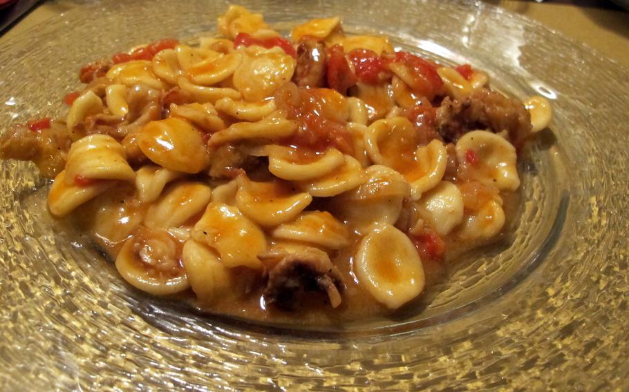 Among several pasta first courses at Osteria Ai Promessi Sposi in Venice is orecchiette with smoked scallops and shrimps. Orecchiette translates to "little ears."                              