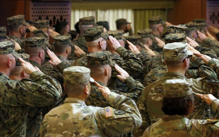 U.S. troops attend the Balikatan exercise's opening ceremony at Camp Aguinaldo in Quezon city, northeast of Manila, Tuesday, April 11, 2023.