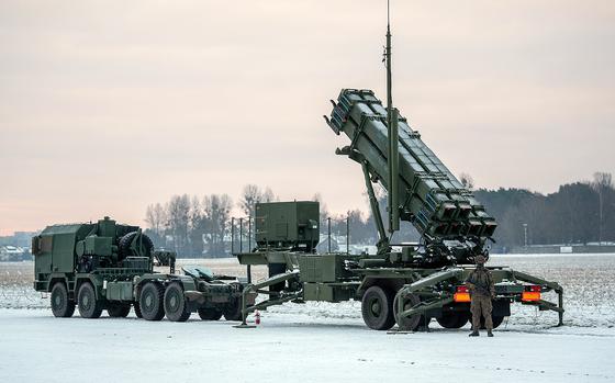 A Patriot missile battery Feb. 7, 2023, at the Warsaw-Bemowo airport, as Polish soldiers begin familiarization training with the system. The State Department on June 28 announced that it gave initial approval for Poland to acquire a $15 billion battle command system, which will support the country’s Patriot missile defense program.