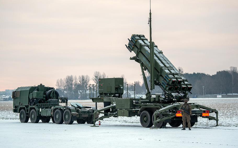 A Patriot missile battery Feb. 7, 2023, at the Warsaw-Bemowo airport, as Polish soldiers begin familiarization training with the system. 