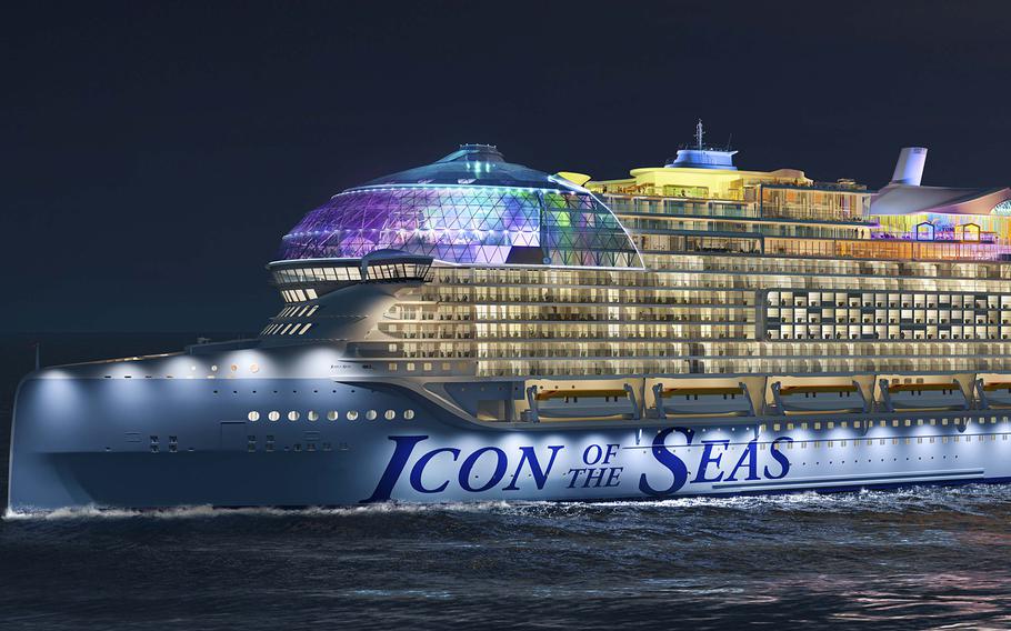 Royal Caribbean’s Icon of the Seas, rendered above, will be the largest cruise ship in the world, weighing 250,800 gross tons and measuring 1,198 feet in length.