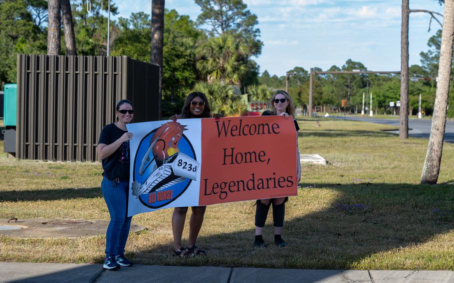 Families of the 823rd Rapid Engineer Deployable Heavy Operational Repair Squadron Engineer airmen welcome airmen home at Hurlburt Field, Fla., Sunday, April 14, 2024. 