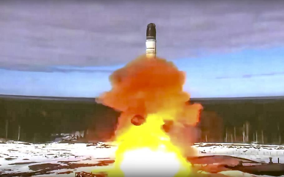 In this handout photo released by Roscosmos Space Agency Press Service on  April 20, 2022, the Sarmat intercontinental ballistic missile is launched from Plesetsk in Russia’s northwest. Russia said on Wednesday it had conducted a first test launch of its Sarmat intercontinental ballistic missile, a new and long-awaited addition to its nuclear arsenal which President Vladimir Putin said would make Moscow’s enemies stop and think.