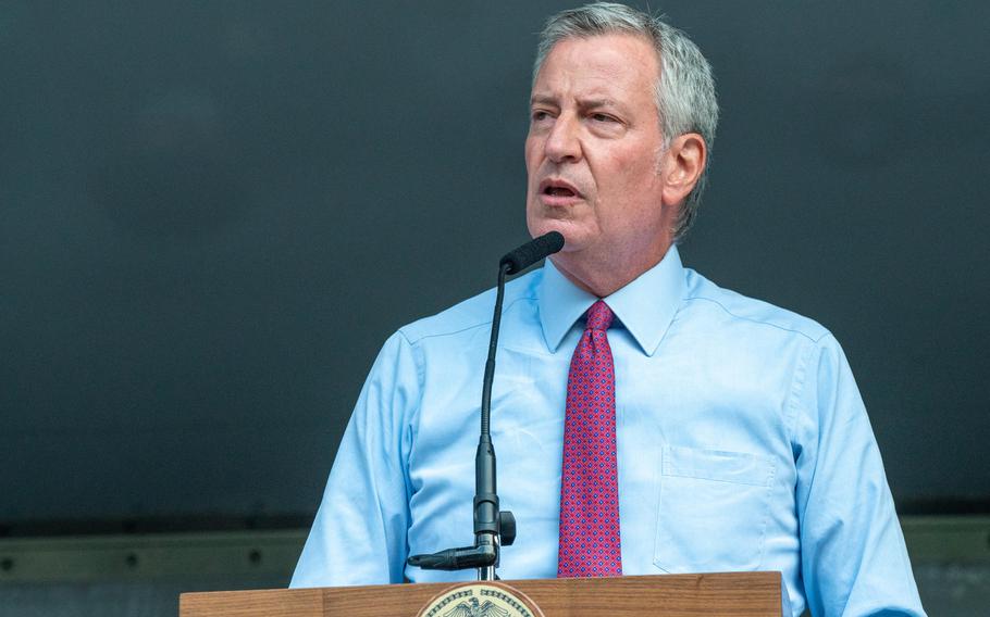 Then-New York City Mayor Bill DeBlasio speaks in the Bronx on Aug. 3, 2021. 